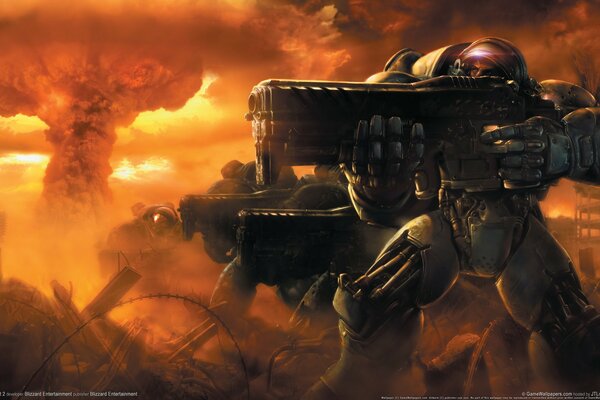 Starcraft 2 War. helden vor dem Hintergrund einer Explosion mit Waffen