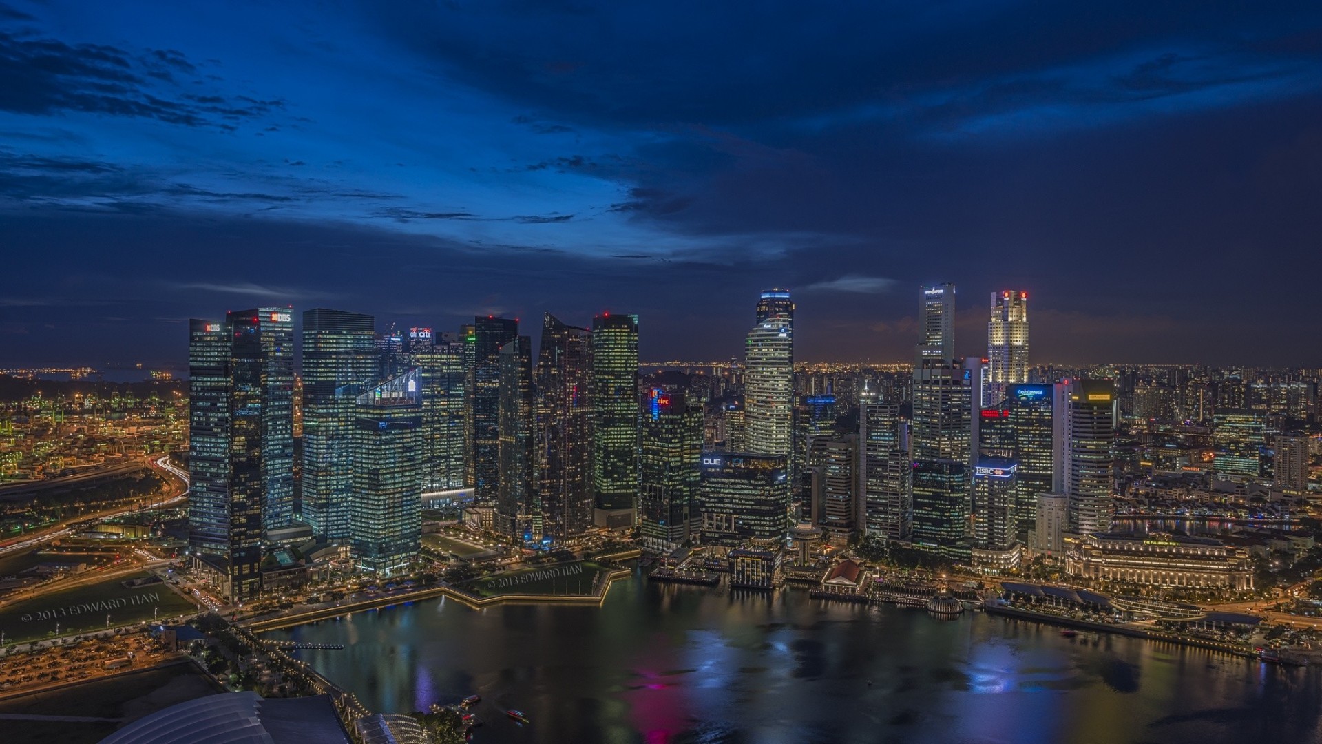 marina bay wolkenkratzer panorama singapur bucht nachtstadt