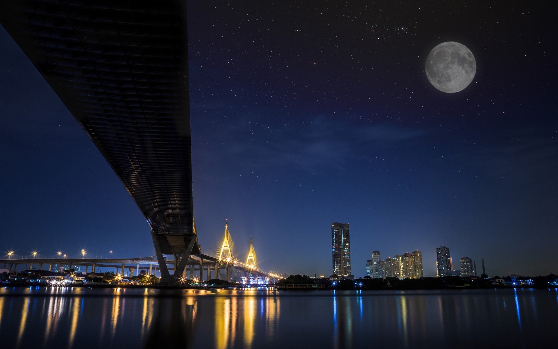 lichter nacht fluss brücke stadt mond