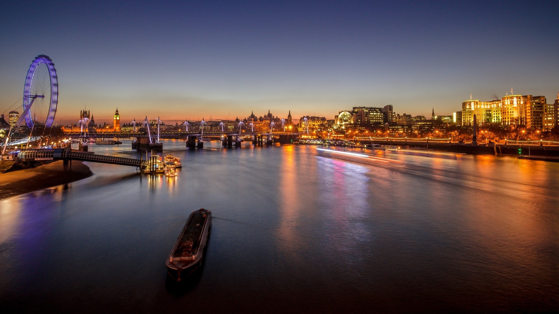 lights night river town ferris wheel london