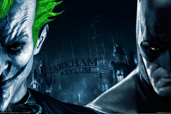 Batman and the Joker on the background of the gate