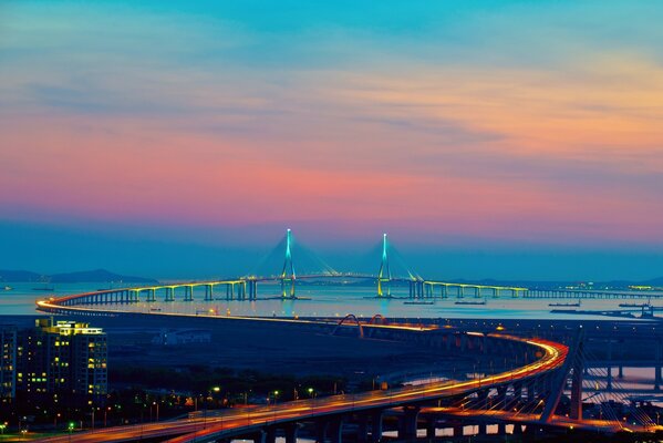 Brücke Straße Weg Farbe Lichter Abend Nacht sonnenuntergang Himmel