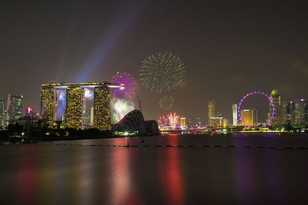 Fireworks night Ferris wheel city lights