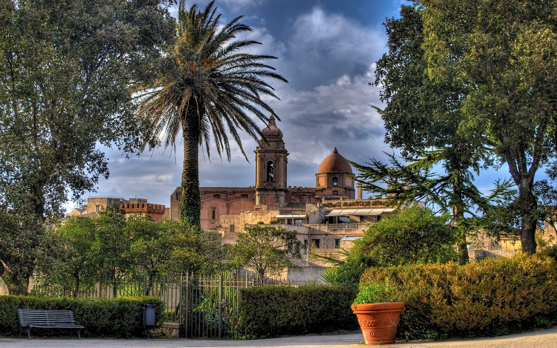 italy church erice bench tree fence sicily pot