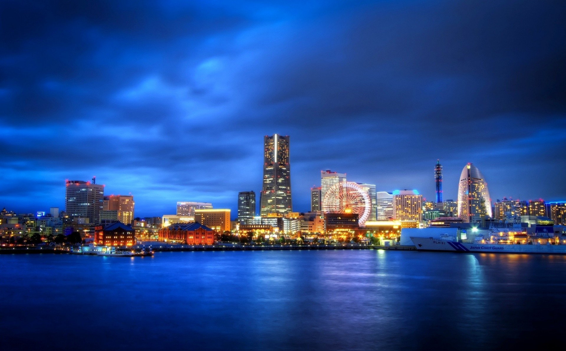 luces bahía noche yokohama rascacielos tokio ciudad rueda de la fortuna prefectura de kanagawa kanagawa japón