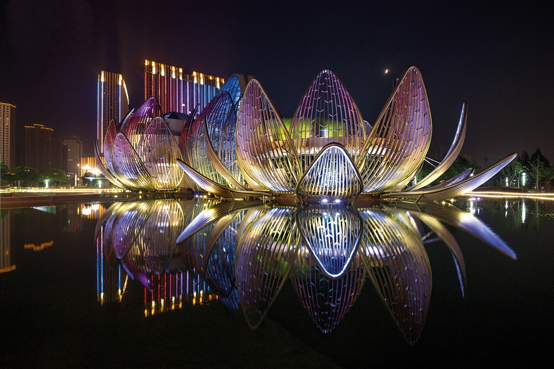 luces noche china agua edificio belleza iluminación