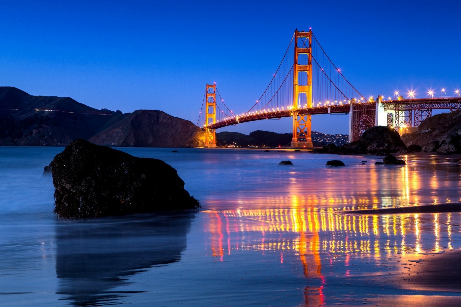 steine kalifornien san francisco meerenge reflexion usa brücke stadt wasser golden gate bridge nacht beleuchtung golden gate bridge