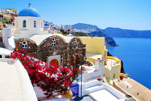 Naturaleza de Santorini y casas blancas como la nieve