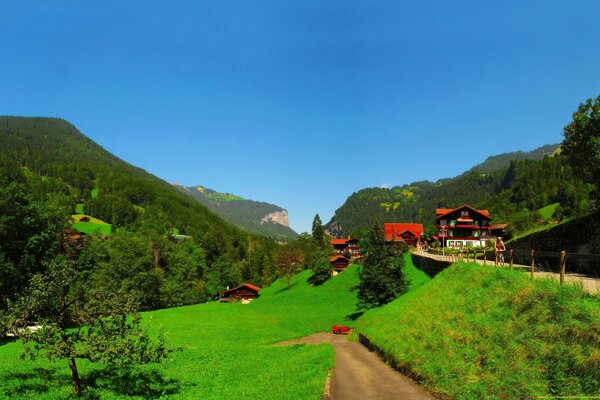 Green meadows with houses and trees