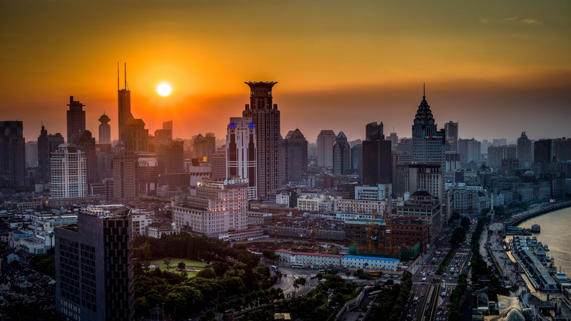 unset china skyscraper shanghai panorama building