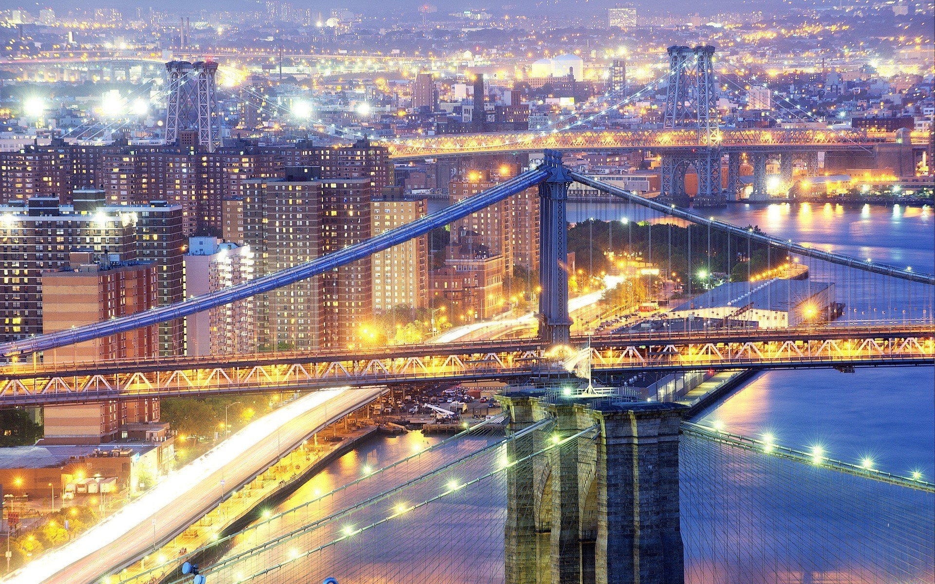 light night bridge blue new york town