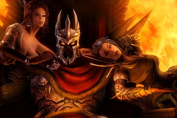 Overlord in the throne with two girls