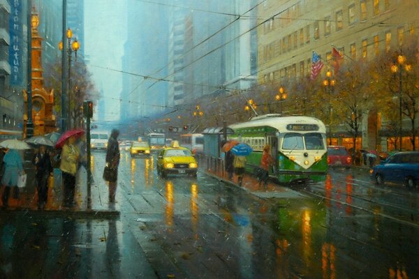 Rainy weather outside. Tram on the avenue