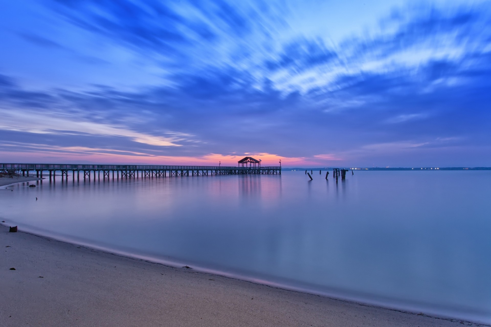 bay beach sunset pier clouds usa calm virginia shore night sky sand