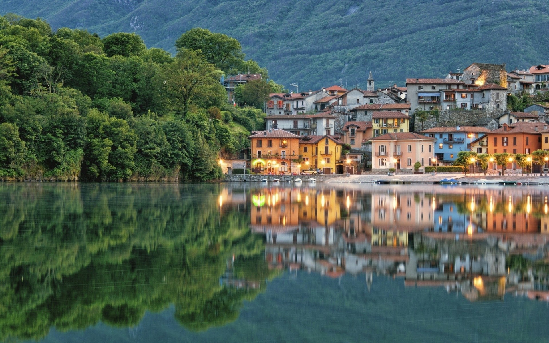 italy piedmont reflection lake building embankment mergozzo