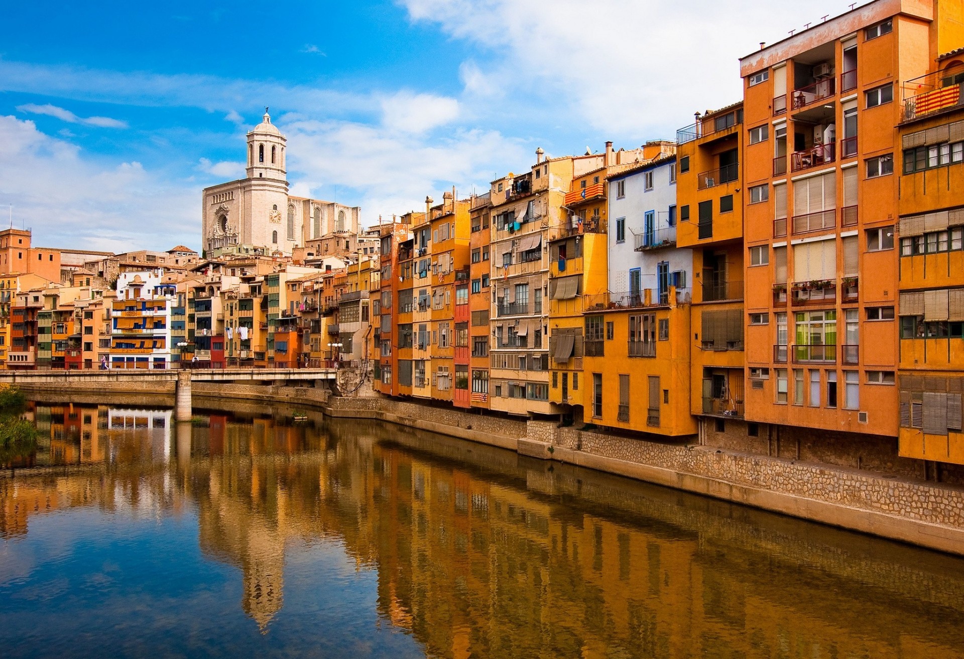 catalonia river bridge girona building spain embankment