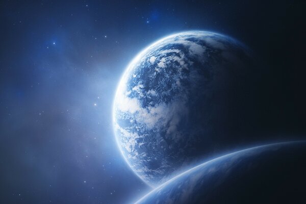 A planet and stars in blue space