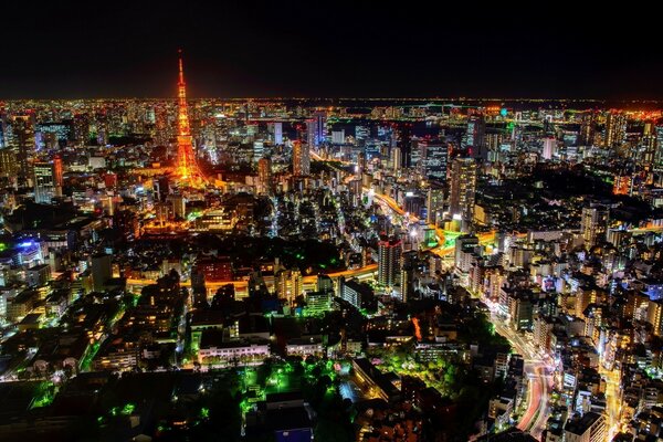 Tokyo Notturna. Vista in pianta. Grattacieli