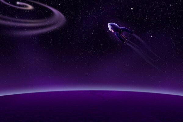 Shining wave, purple color, ship in space, spirals