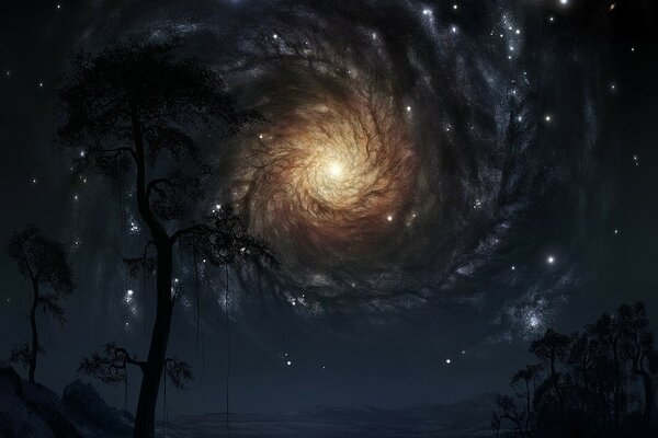 A galaxy in the night sky with trees