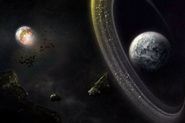 Two planets in space and an asteroid belt