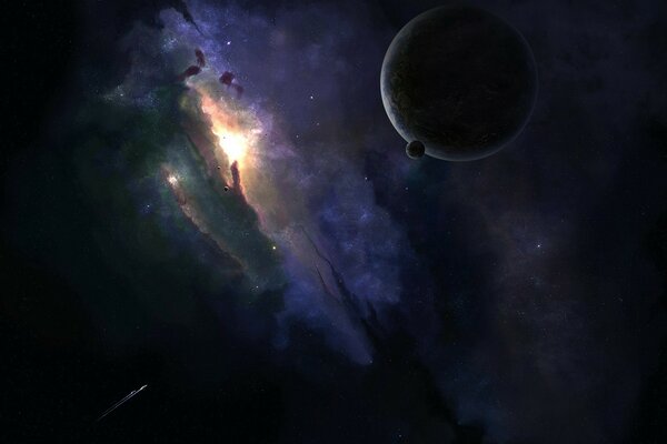 A beautiful universe with a planet and a spaceship