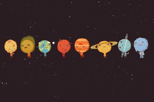 Cartoon about space, planets of the solar system, planets in a row