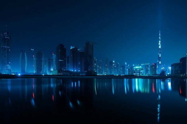 Reflection of Dubai night lights in the water