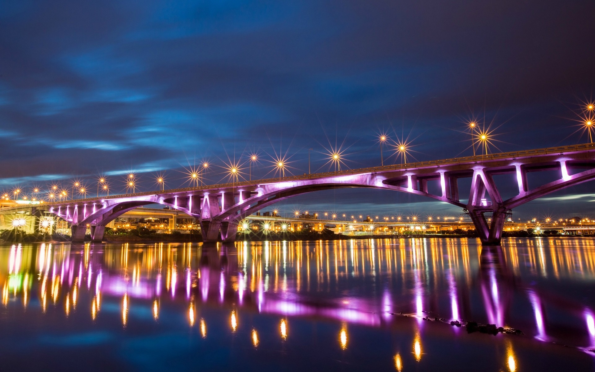 most tajwan rzeka odbicie noc chiny tajpej reflektory miasto