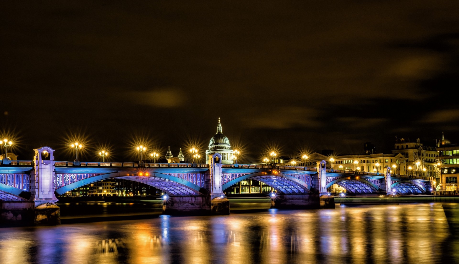 nuit cathédrale saint-paul rivière réflexion pont ville lumières angleterre londres royaume-uni tamise éclairage