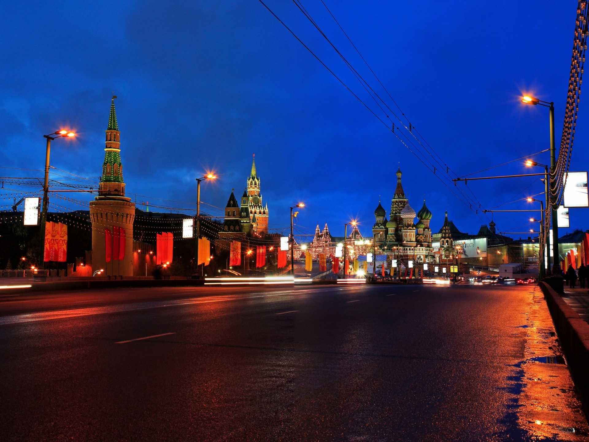 russia night bridge moscow road