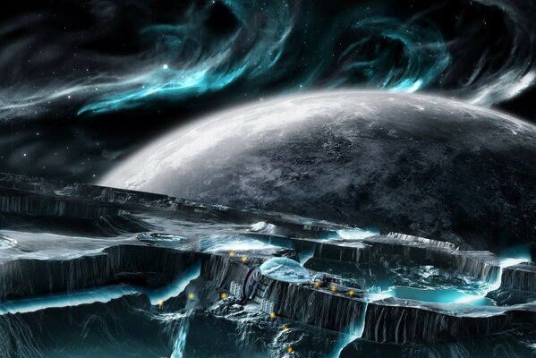 Waterfalls on a lost planet in deep space