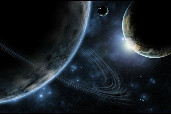 Image of a planet with rings with other planets on the background