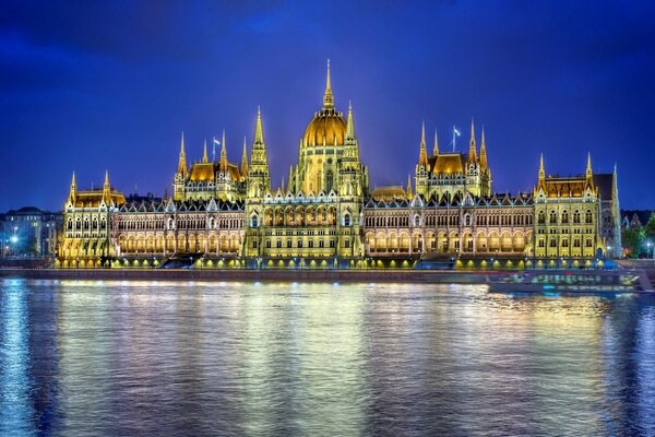 Réflexion du Parlement dans la nuit à Budapest