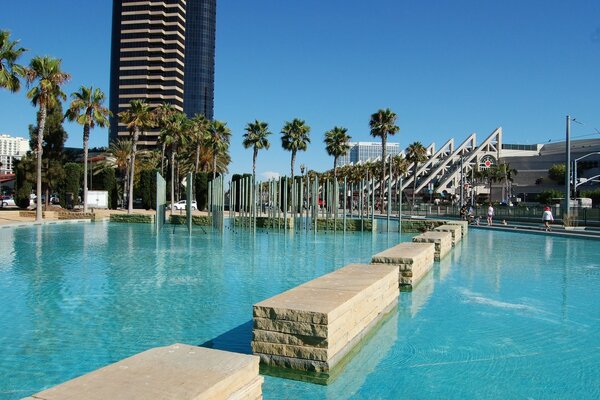 A fountain in California and a beach with palm trees