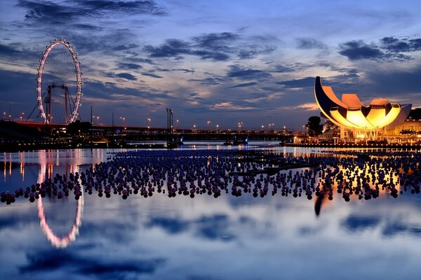 Bridge, water, Ferris wheel at sunset