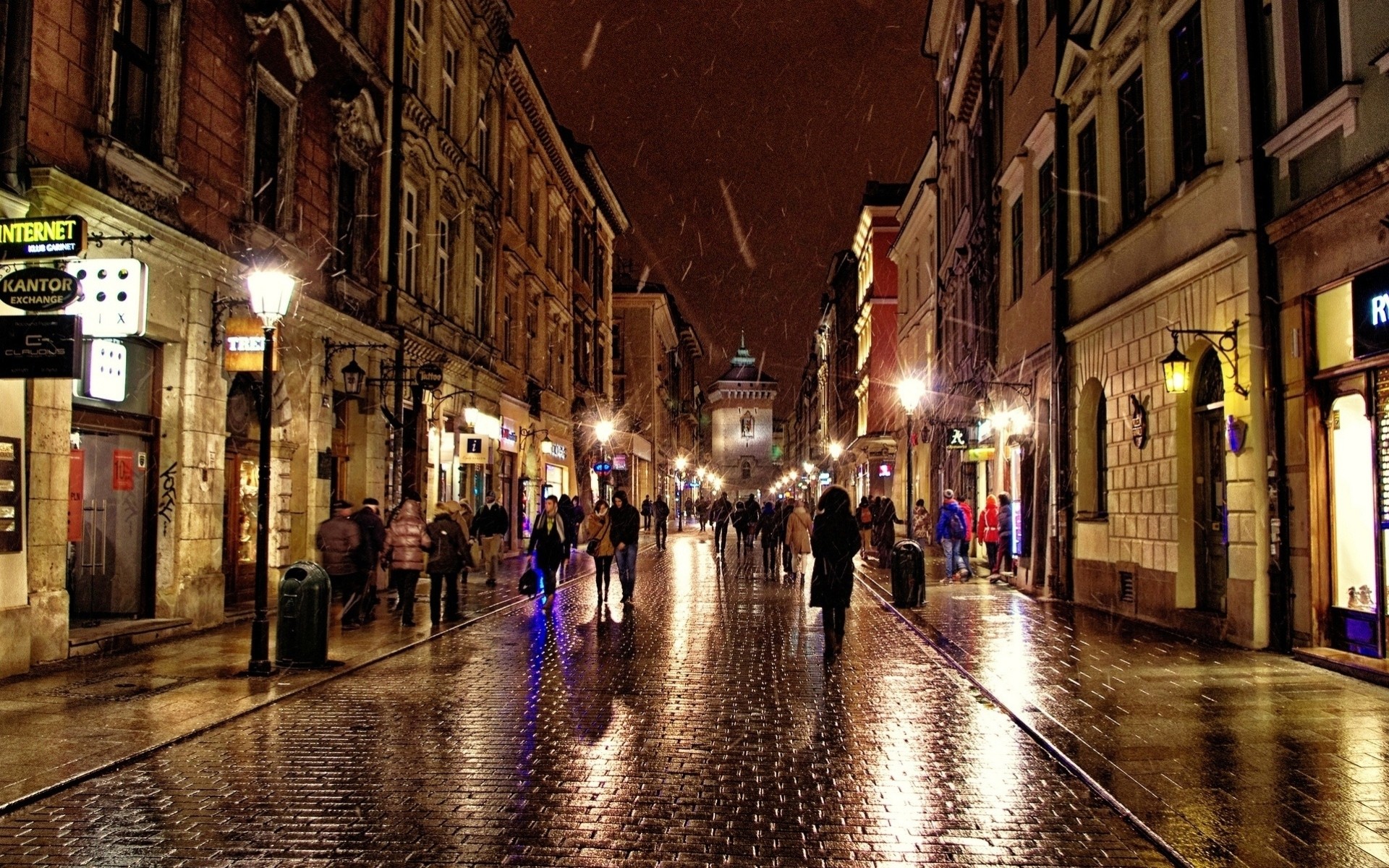 night street polska town poland rain