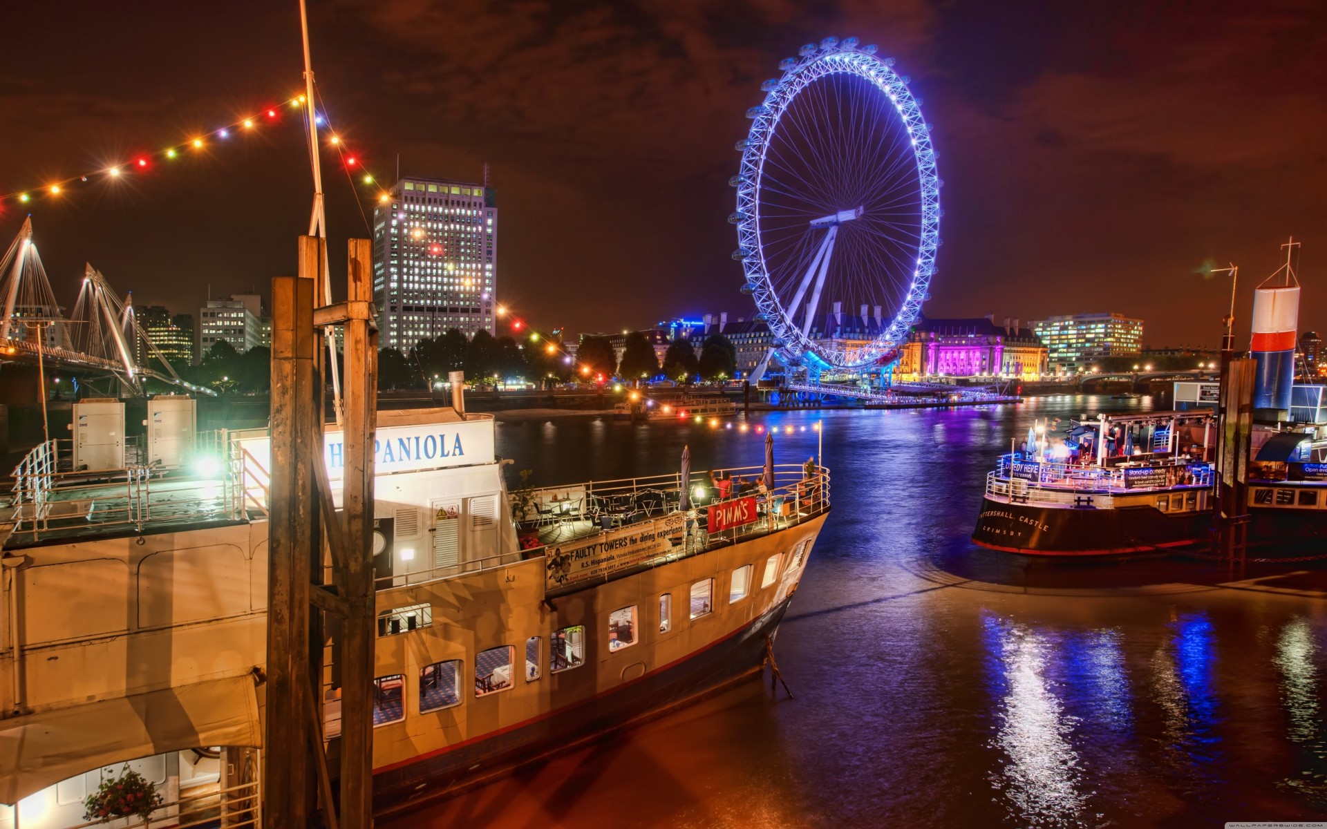 london eye bateaux thames panorama angleterre nuit rivière londres lumières