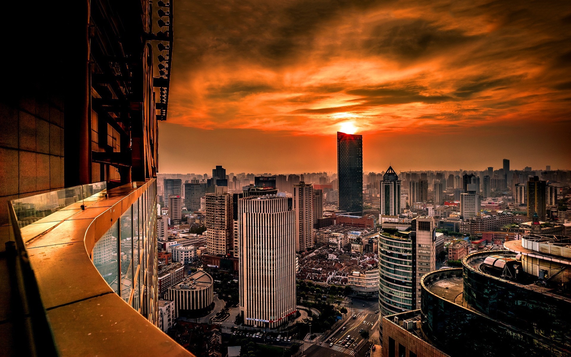 sonnenuntergang china bäume shanghai stadt nacht gebäude