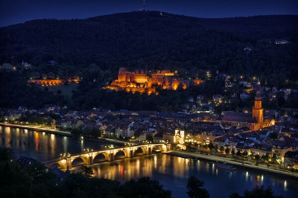 Panoramic photo of a German city at night