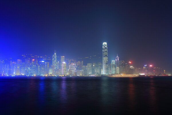 Night Hong Kong lights in the fog