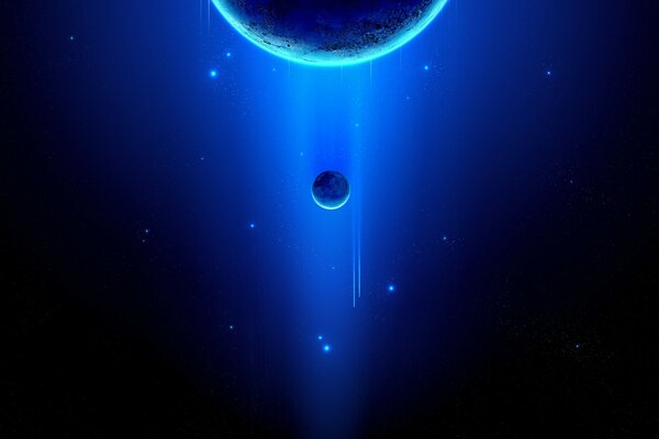 A planet and its satellite surrounded by stars in dark space