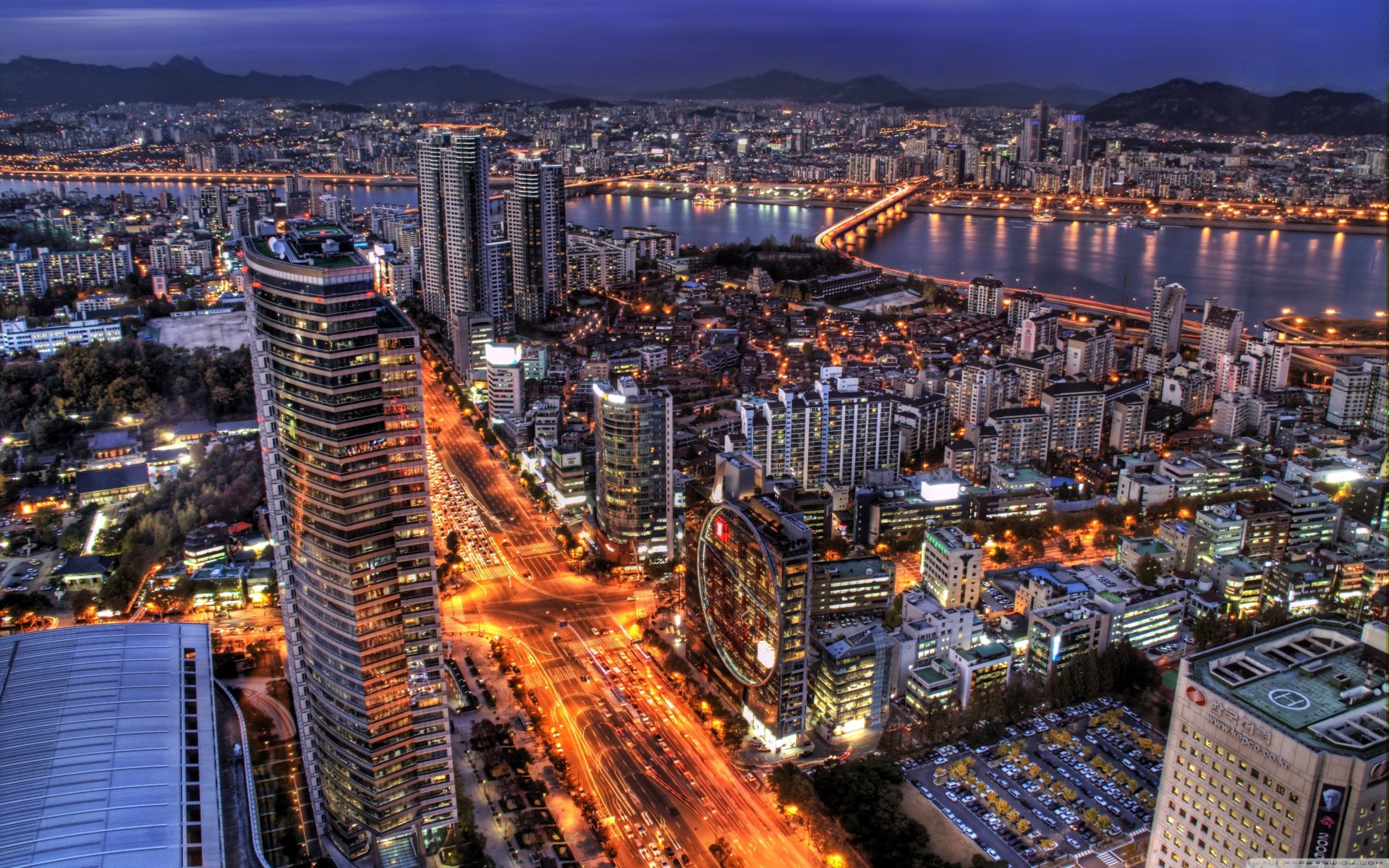 südkorea gebäude nacht bäume seoul panorama