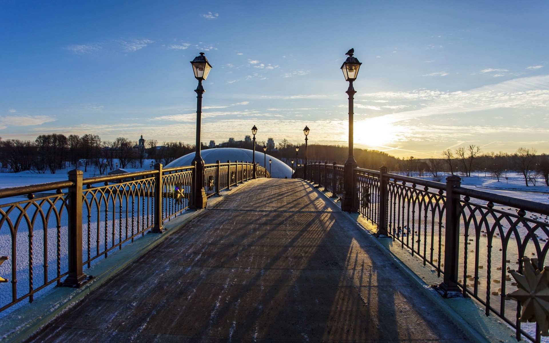 bridge winter river town