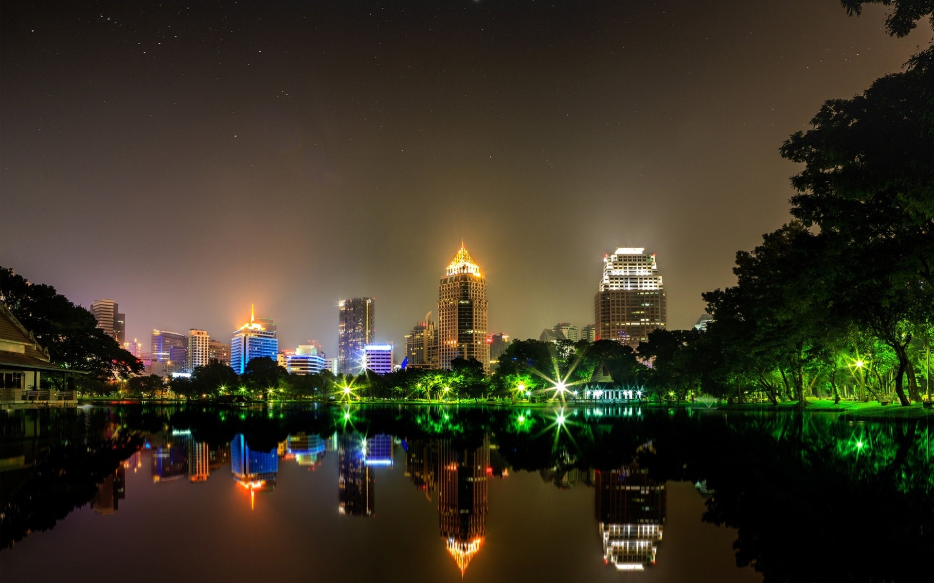 light lake night reflection thailand bangkok town