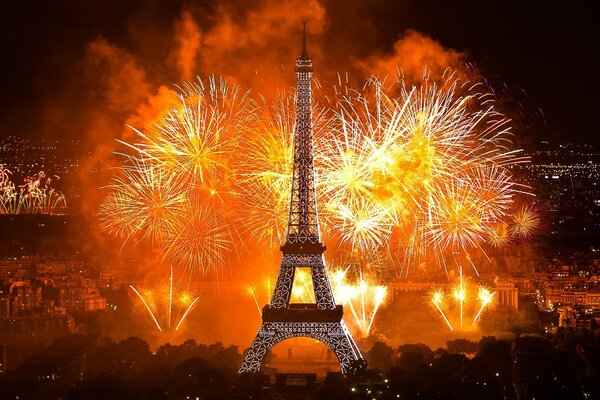 Fireworks on the background of the Eiffel Tower in Paris