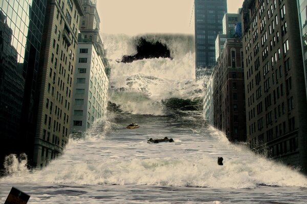 Disaster in the city. Flood destroys glass skyscrapers