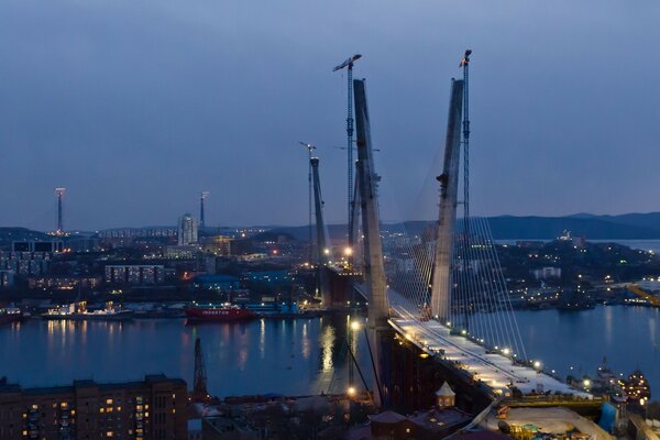 Night bridge in the city on the river bank