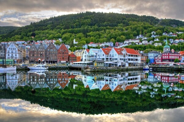 Norway berth at the city and forest at sunset