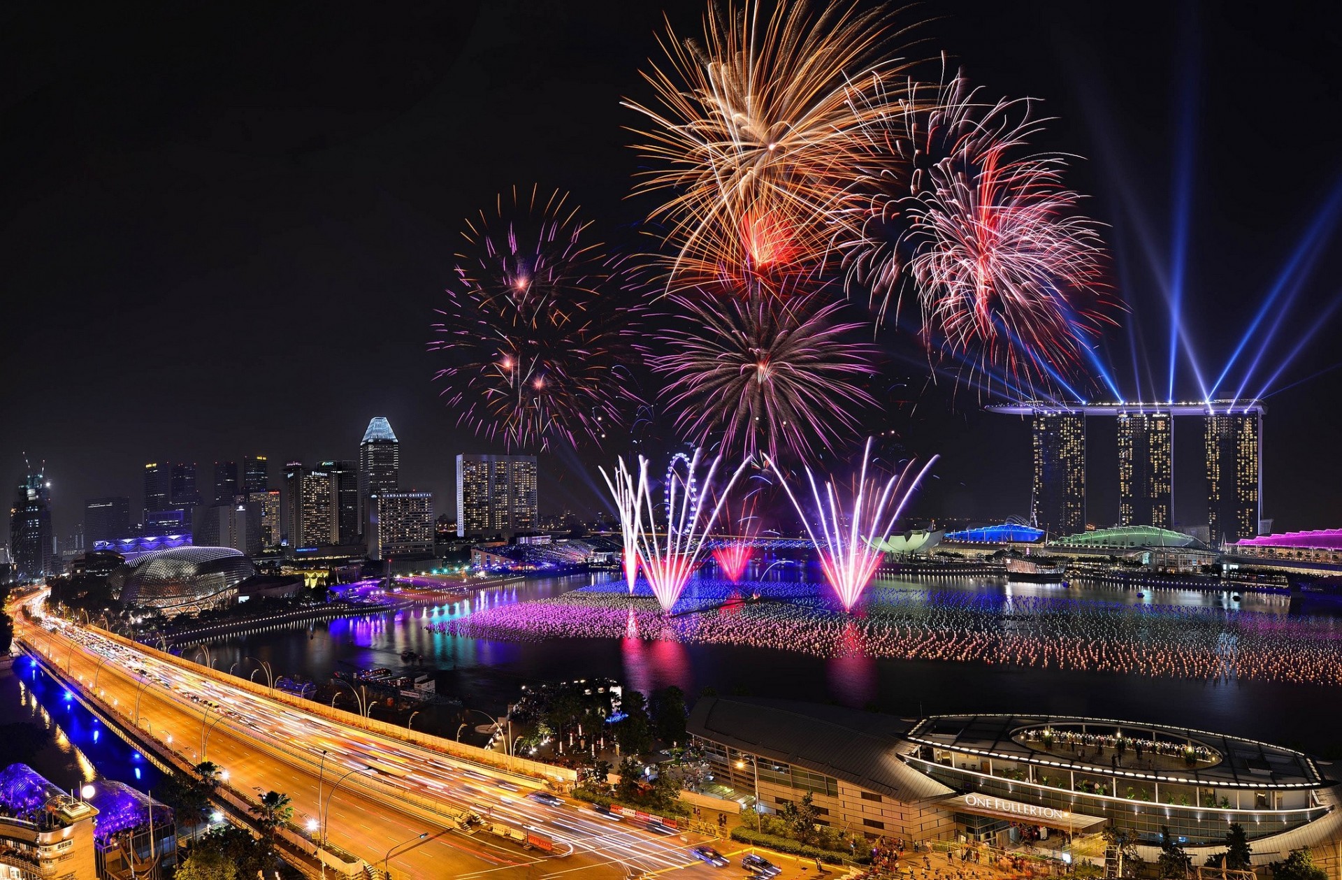 luces noche singapur ciudad fuegos artificiales año nuevo 2014